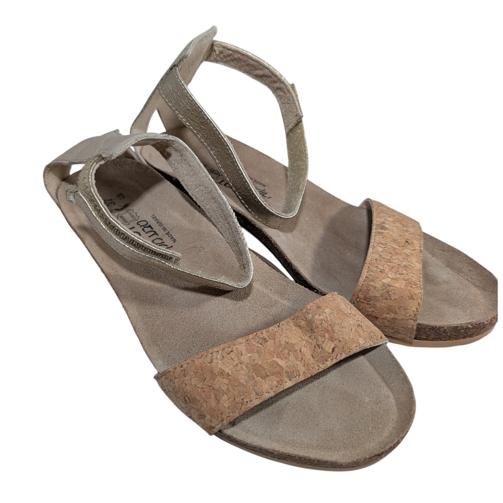 Naot Women Metallic Champagne Cork Wedge Sandals Leather Ankle Strap Size 37 L6